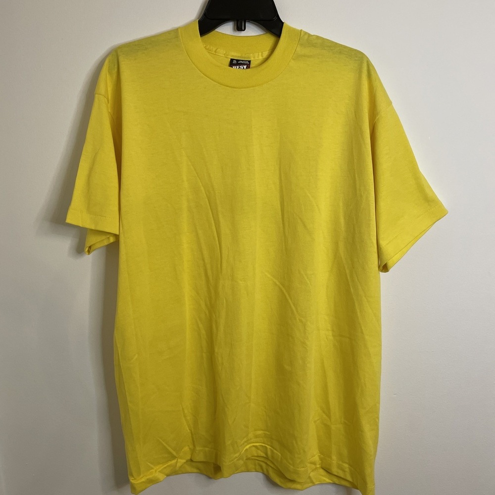 VTG Fruit of the Loom Best Blank TShirt Mens XL Yellow 90s Vintage Single Stitch